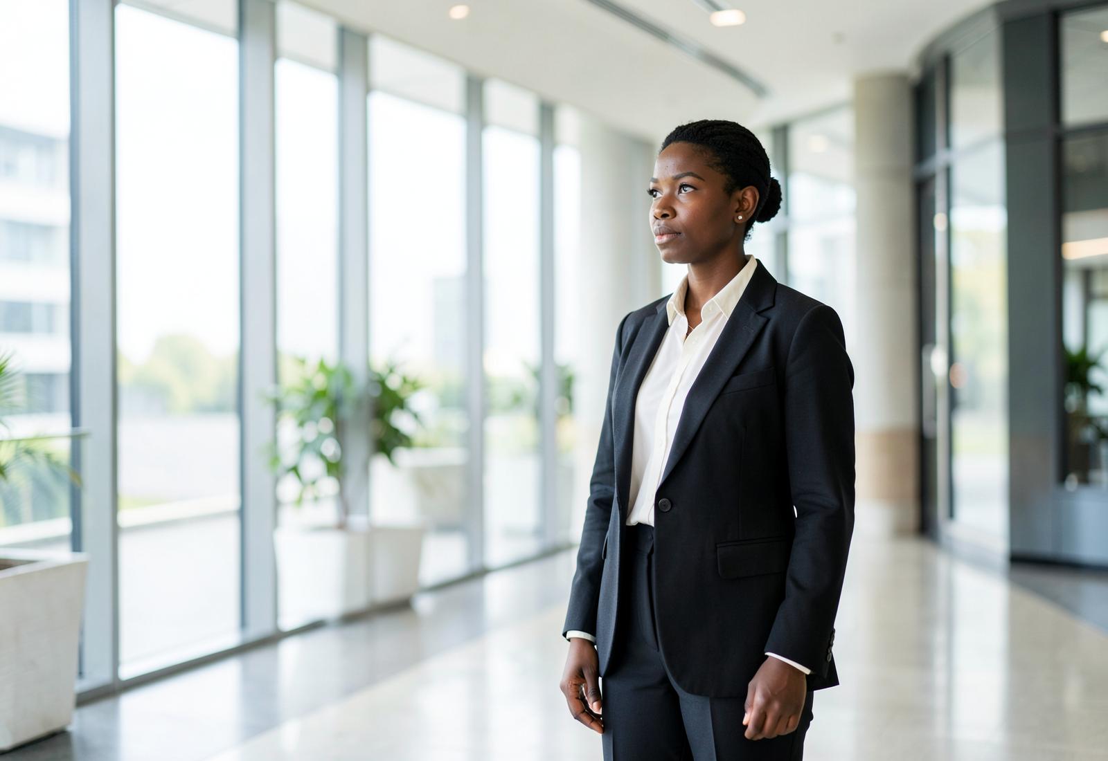 A professional standing in a bright modern office lobby