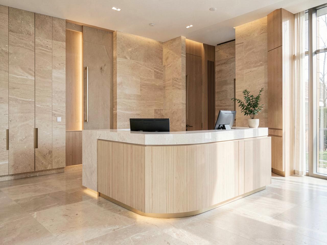 A warmly lit hotel reception desk in a contemporary lobby interior