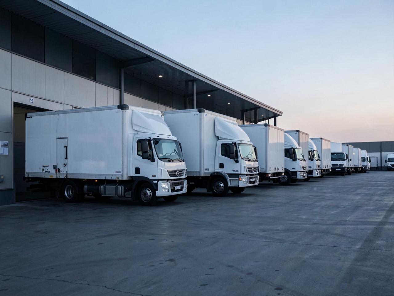 Delivery trucks parked at a distribution depot loading bay