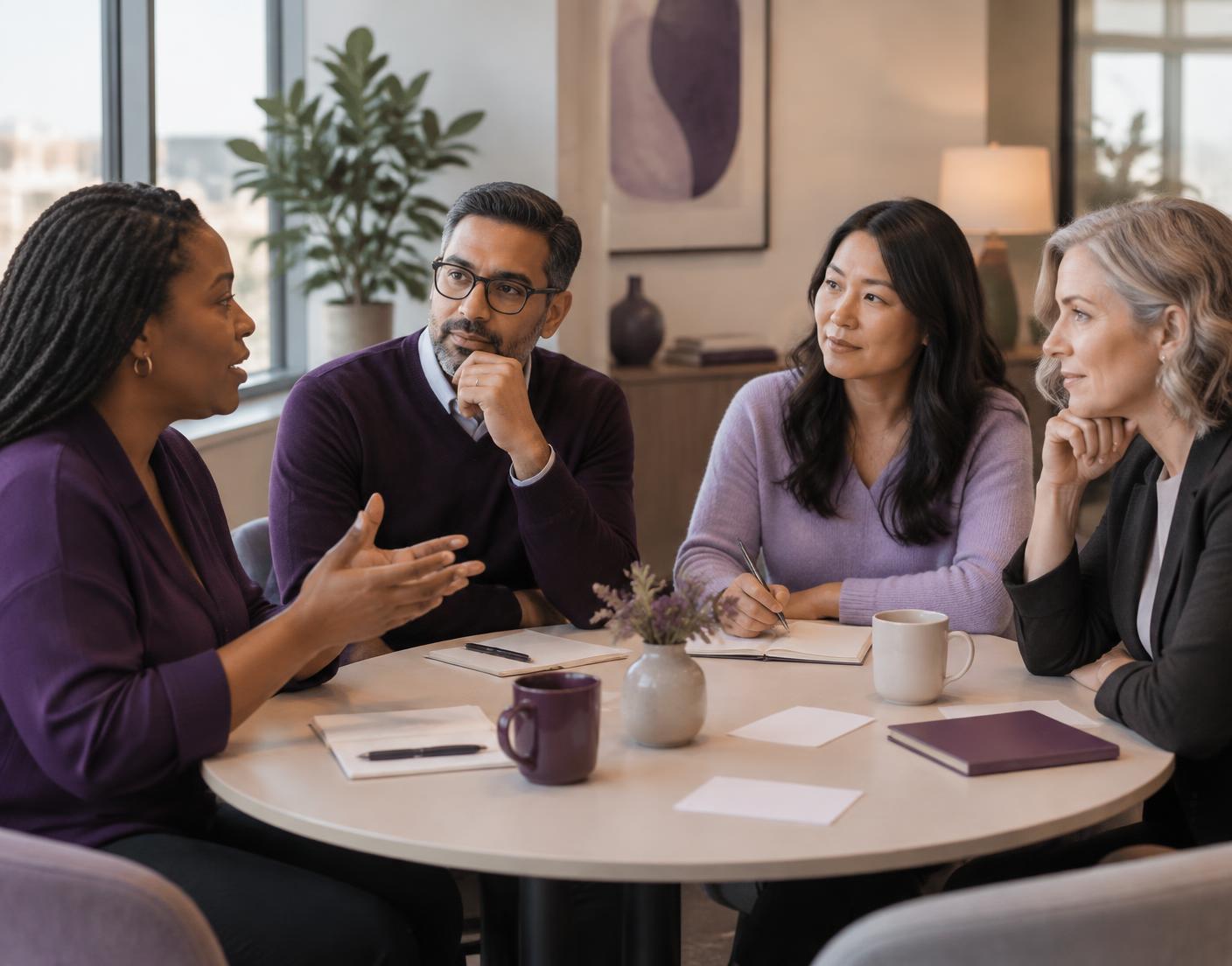 A varied group of professionals participating in a facilitated discussion