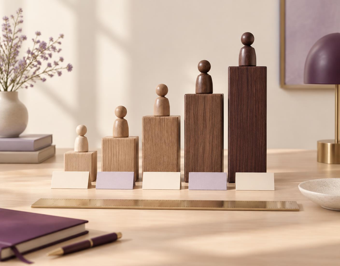 Wooden figures arranged on a measured ascending structure
