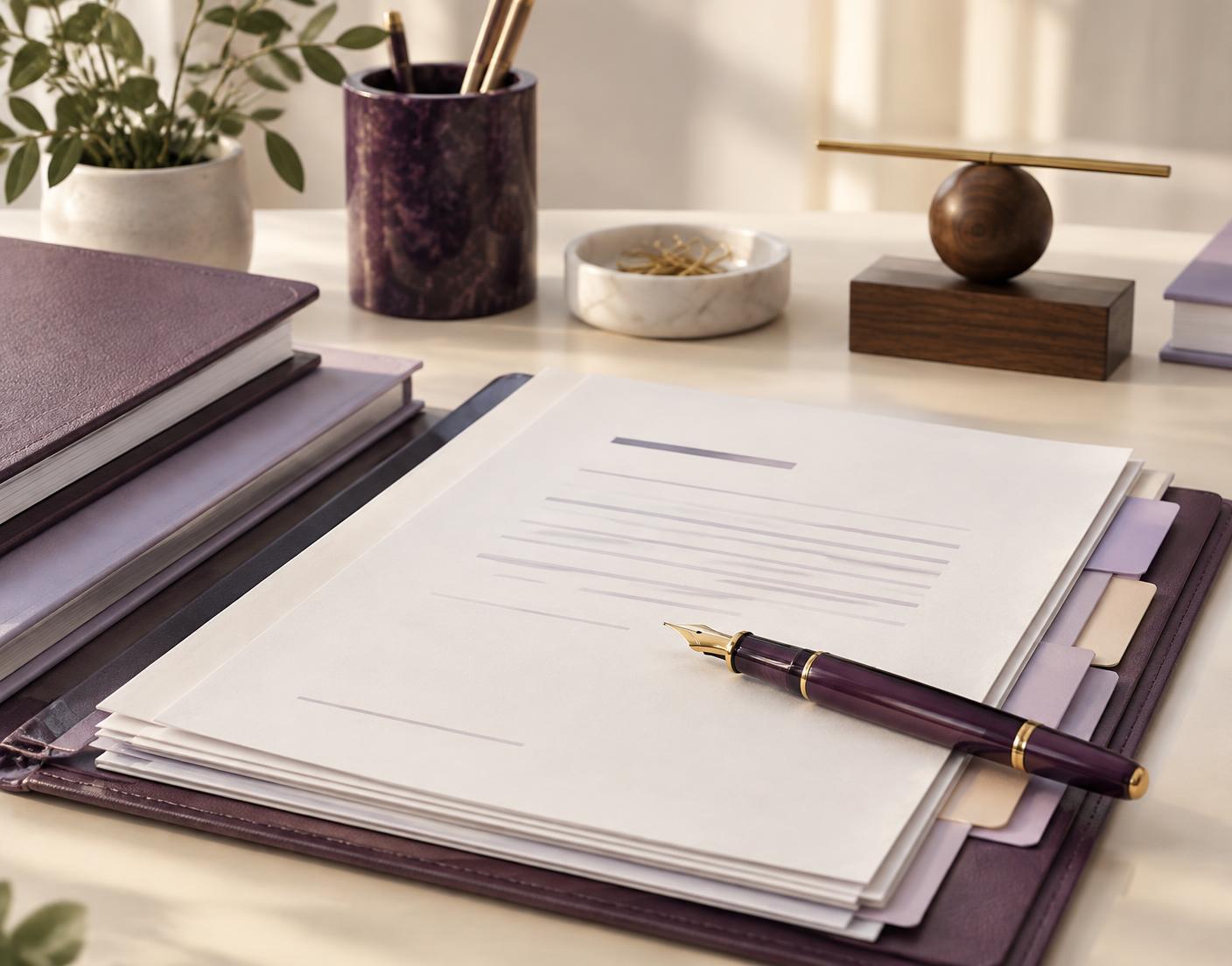 Orderly workplace documents and a pen prepared for careful review