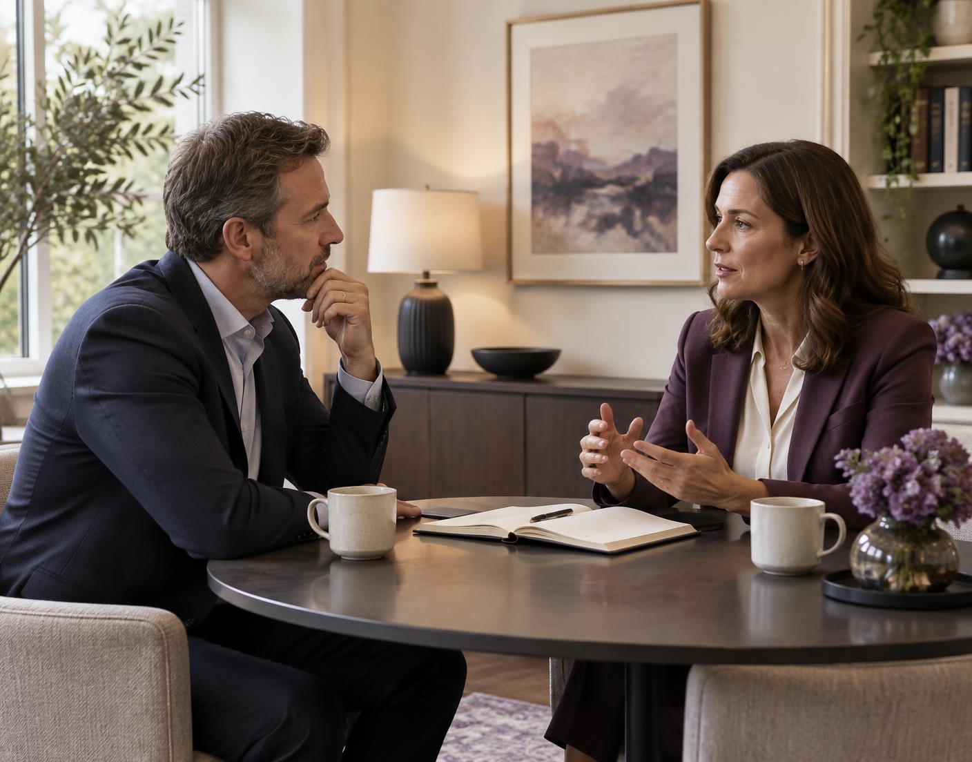 Two professionals in a focused one-to-one coaching conversation