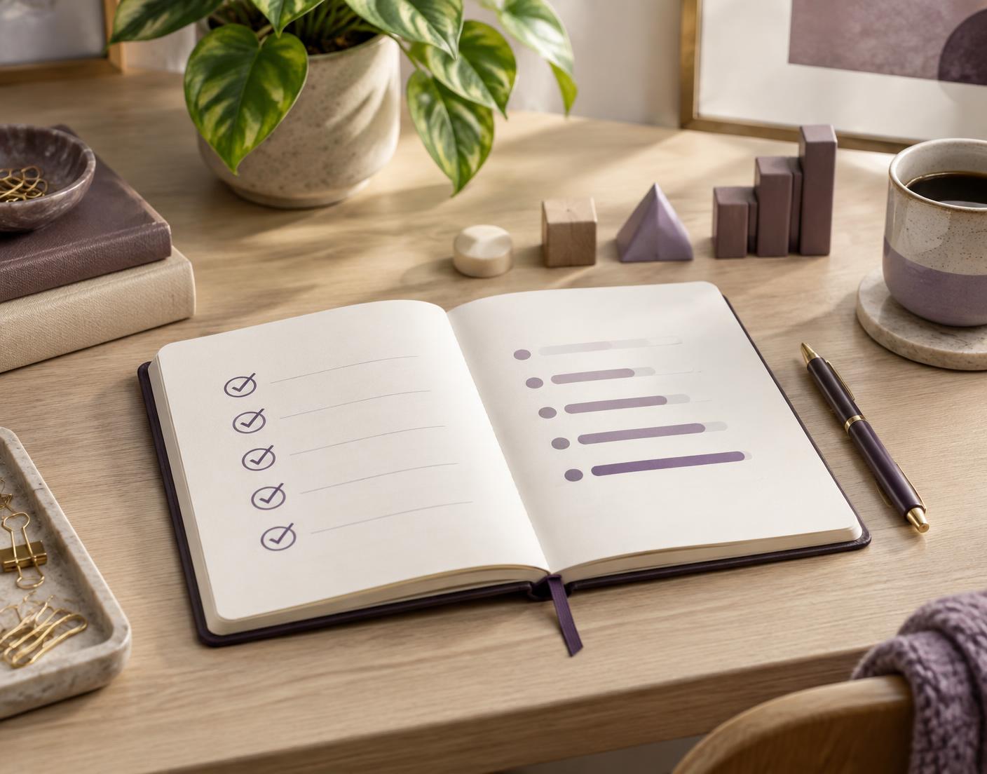An open planning notebook with progress markers on a refined desk