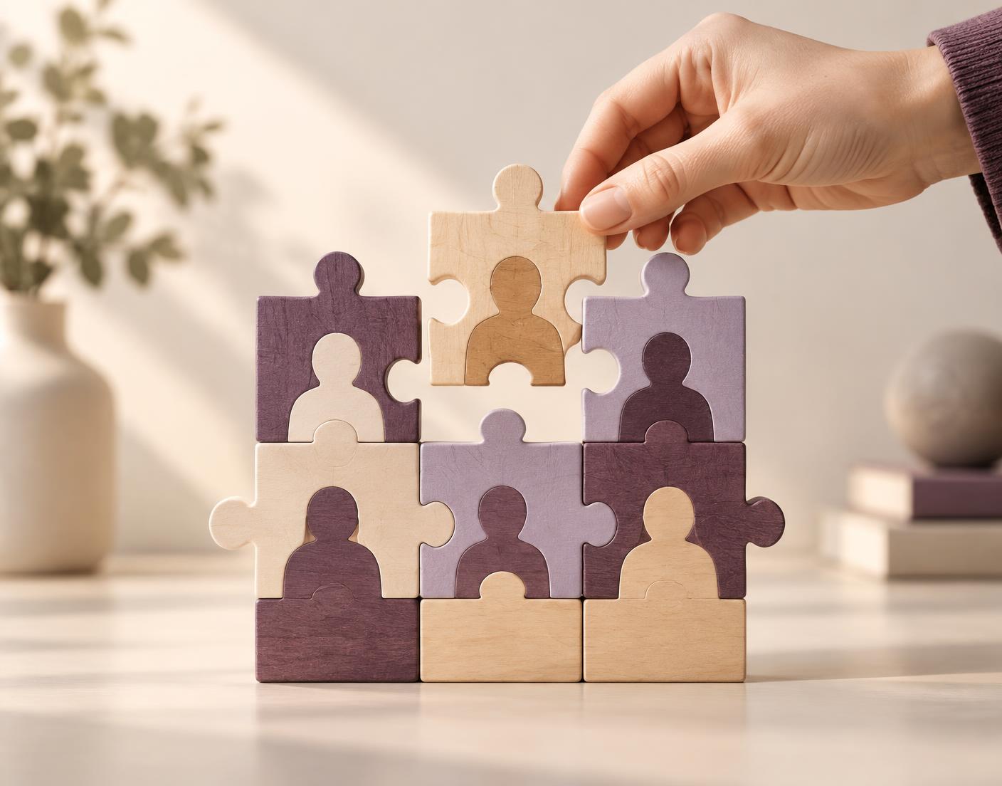 Interlocking wooden people pieces arranged into a connected group