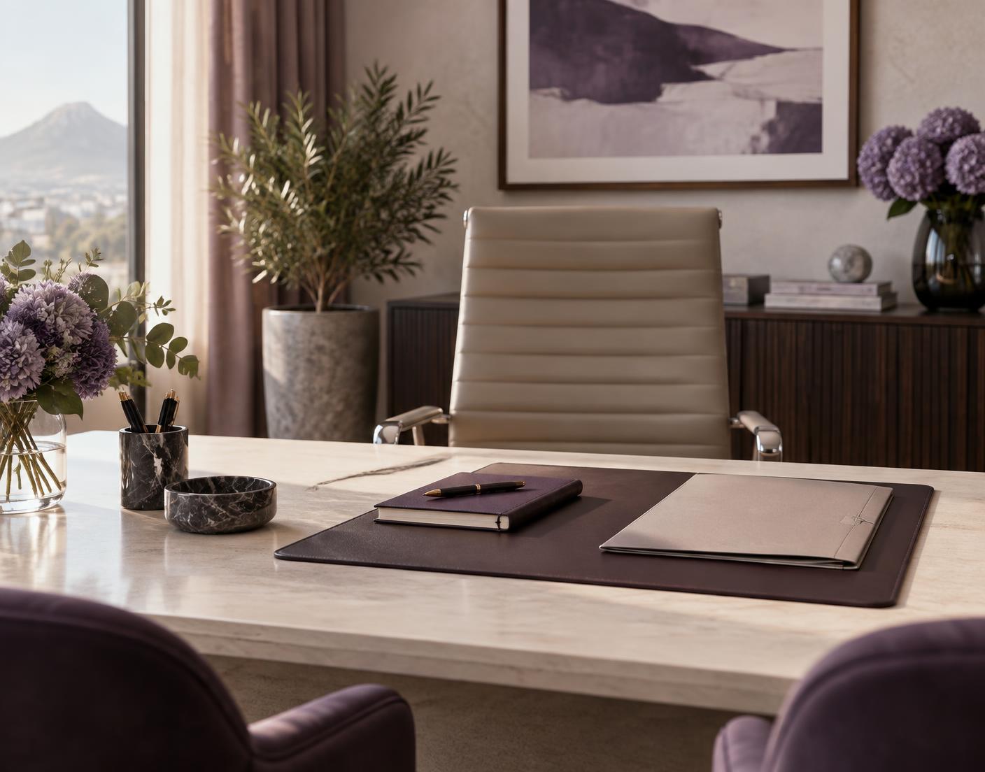 An executive interview setting with a professional chair, notebook and candidate folder