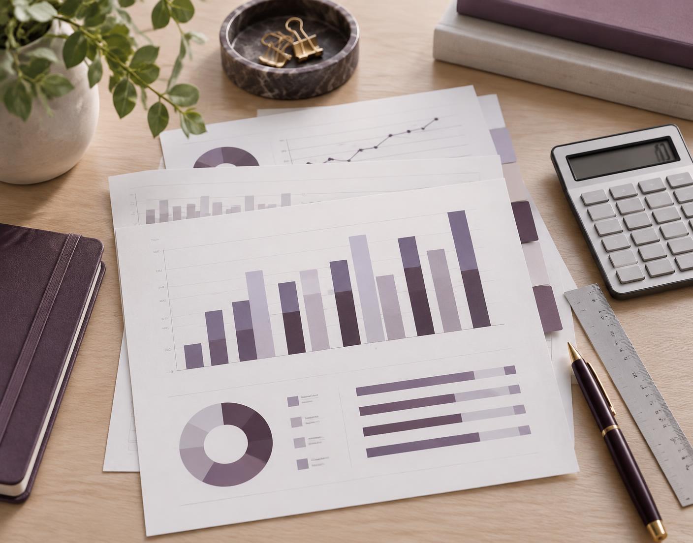 Comparison charts, reference documents and measuring tools arranged on a desk