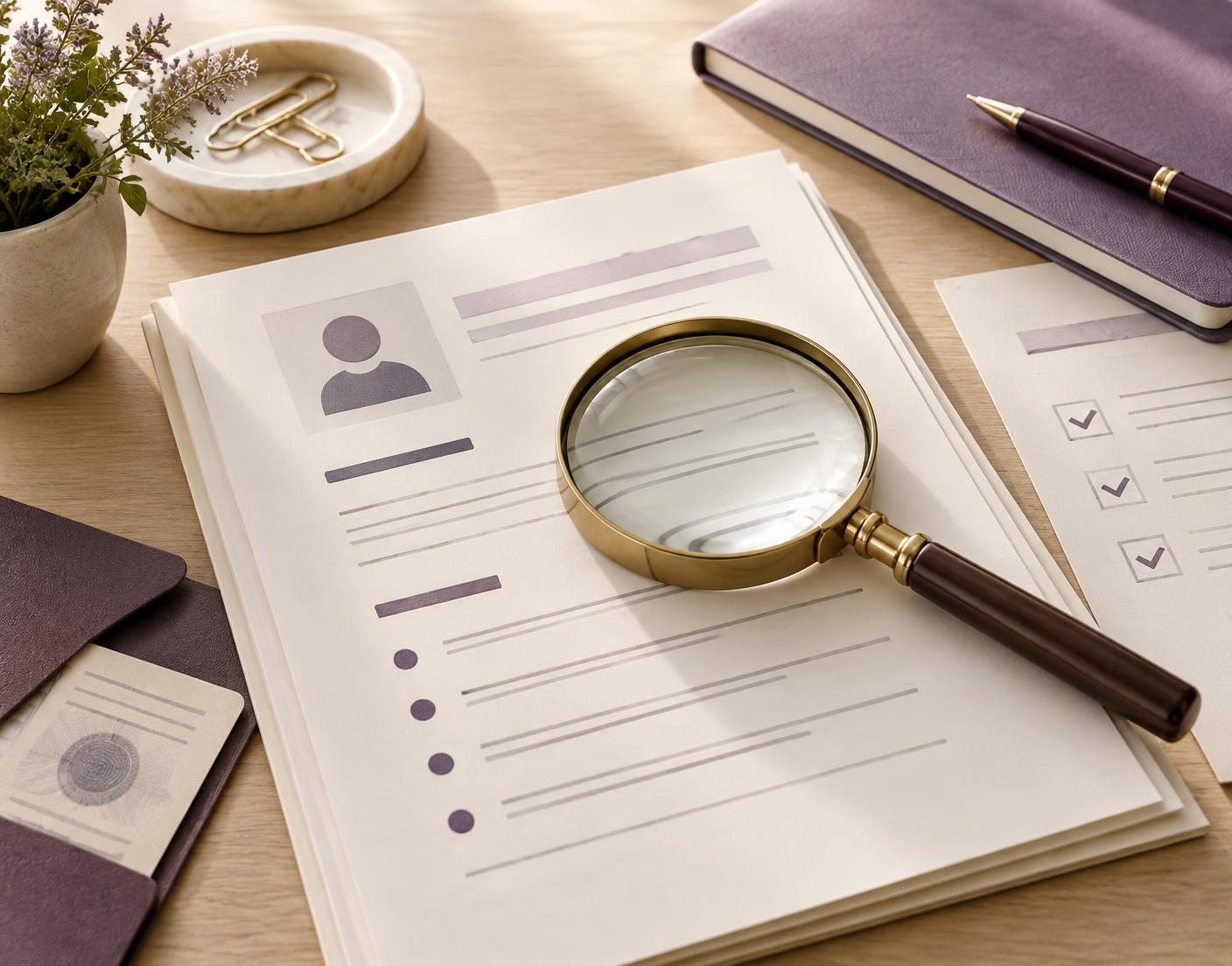 Credential documents being reviewed with a magnifying glass