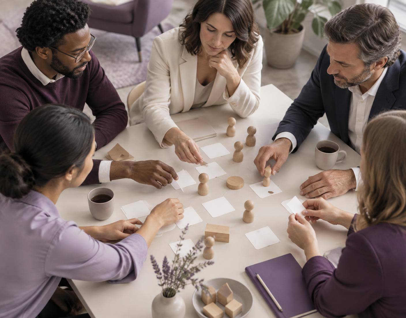 A professional team collaborating around a table with workshop materials